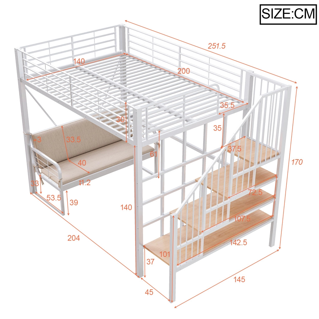 DESMIU Letto a castello 140 × 200 cm 3 posti con scala contenitore e divano sfoderabile, senza materasso, bianco
