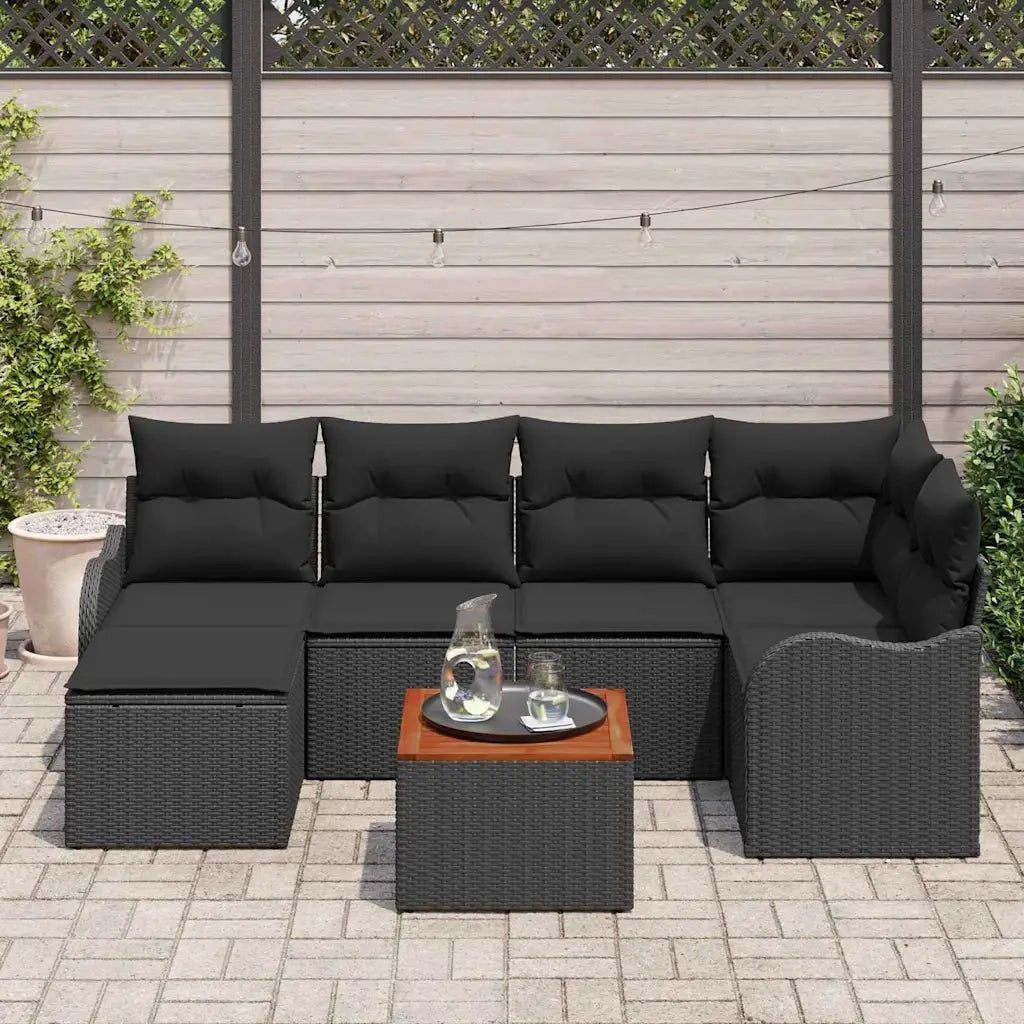Set Divano da Giardino con cuscino 7 pcs Nero polyrattan