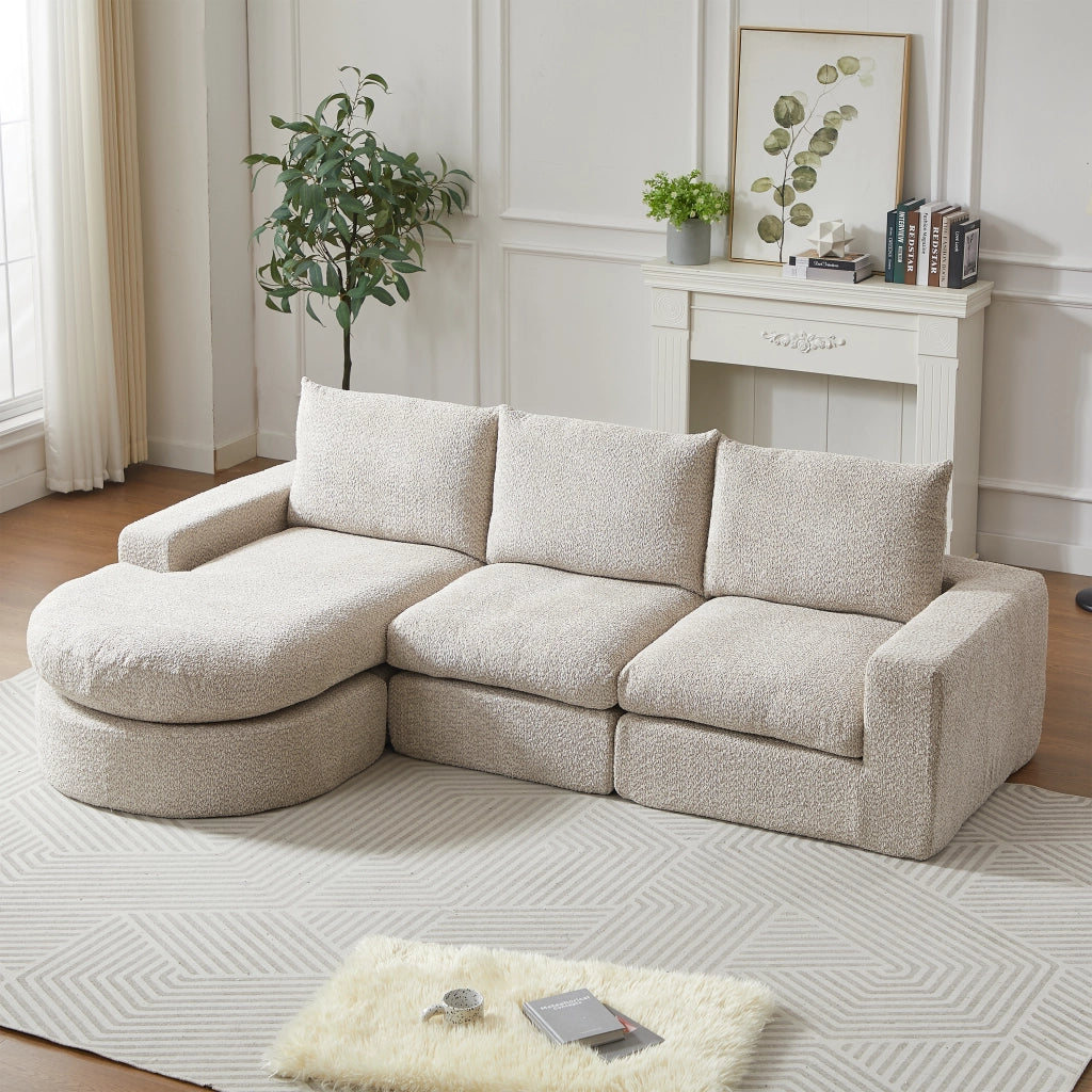 Divano modulare a quattro moduli con chaise longue reversibile e cuscini cervicali, in ciniglia beige e ferro