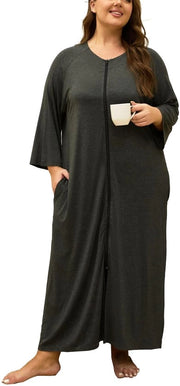 Camicia da bagno per donne plus size in cotone spesso lunga e leggera con cerniera accogliente e ampi tagli per donne