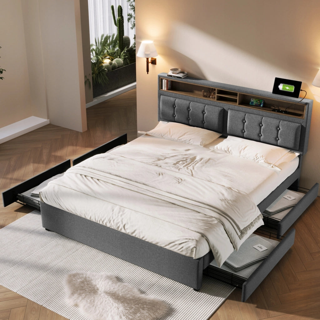 Letto imbottito 140x200 con 4 cassetti e USB - Xylo