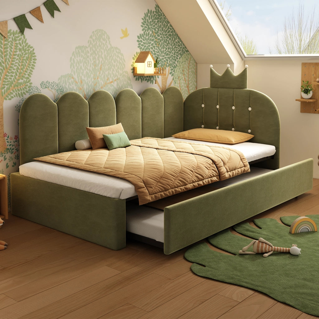 Letto Singolo con Estraibile 90x200 ¨C MINIMAL ¨C Velluto Verde, Design Corona