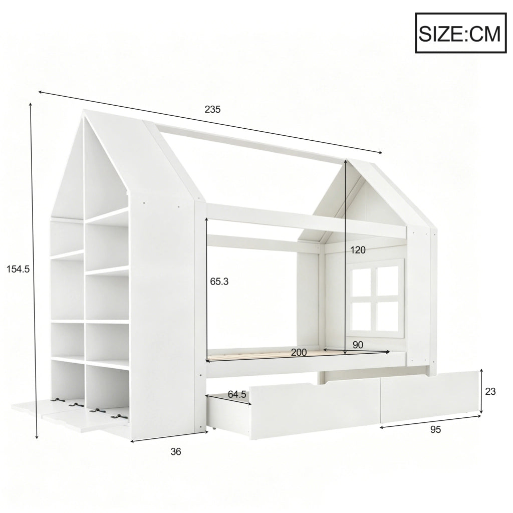 LETTO a casetta 90x200 cm in legno massello e MDF bianco