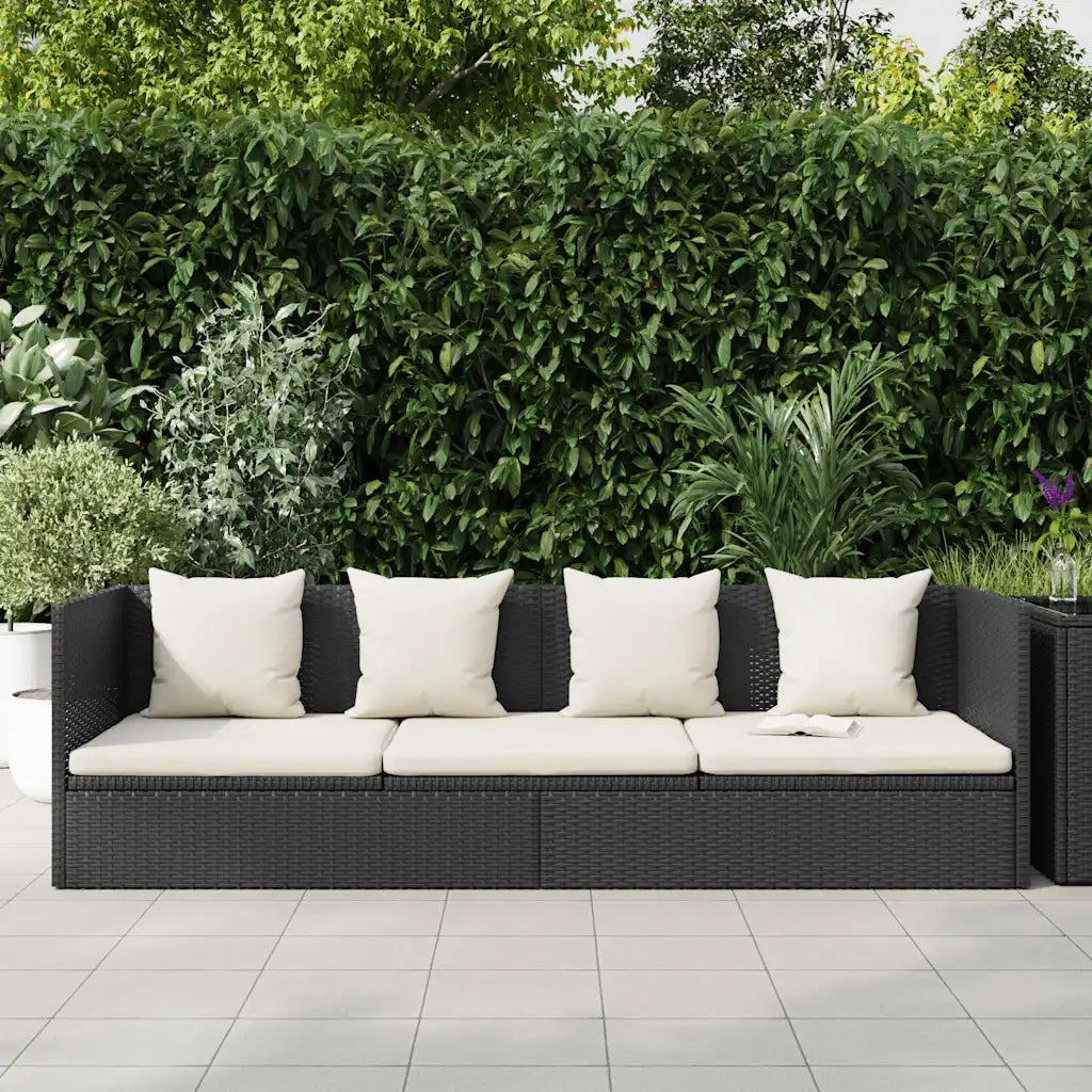 Lettino da Giardino con Cuscini in Polyrattan Nero 49391