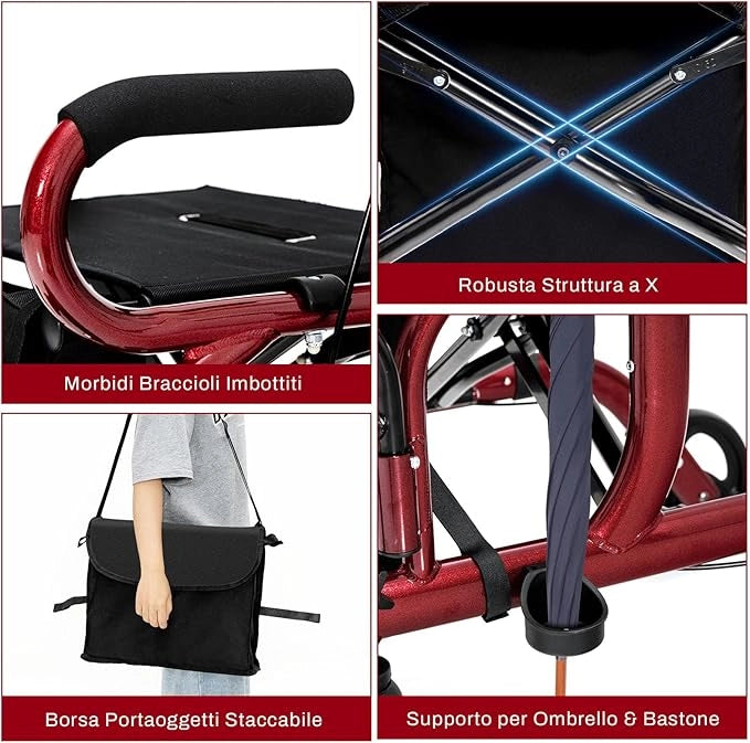 Deambulatore 2 in 1 per Anziani in Alluminio, Rollator Pieghevole e Regolabile in Altezza con Sedia, Schienale Reversibile, Manici Regolabili, Ruote, Poggiapiedi e Borsa Rimovibile (Rosso)