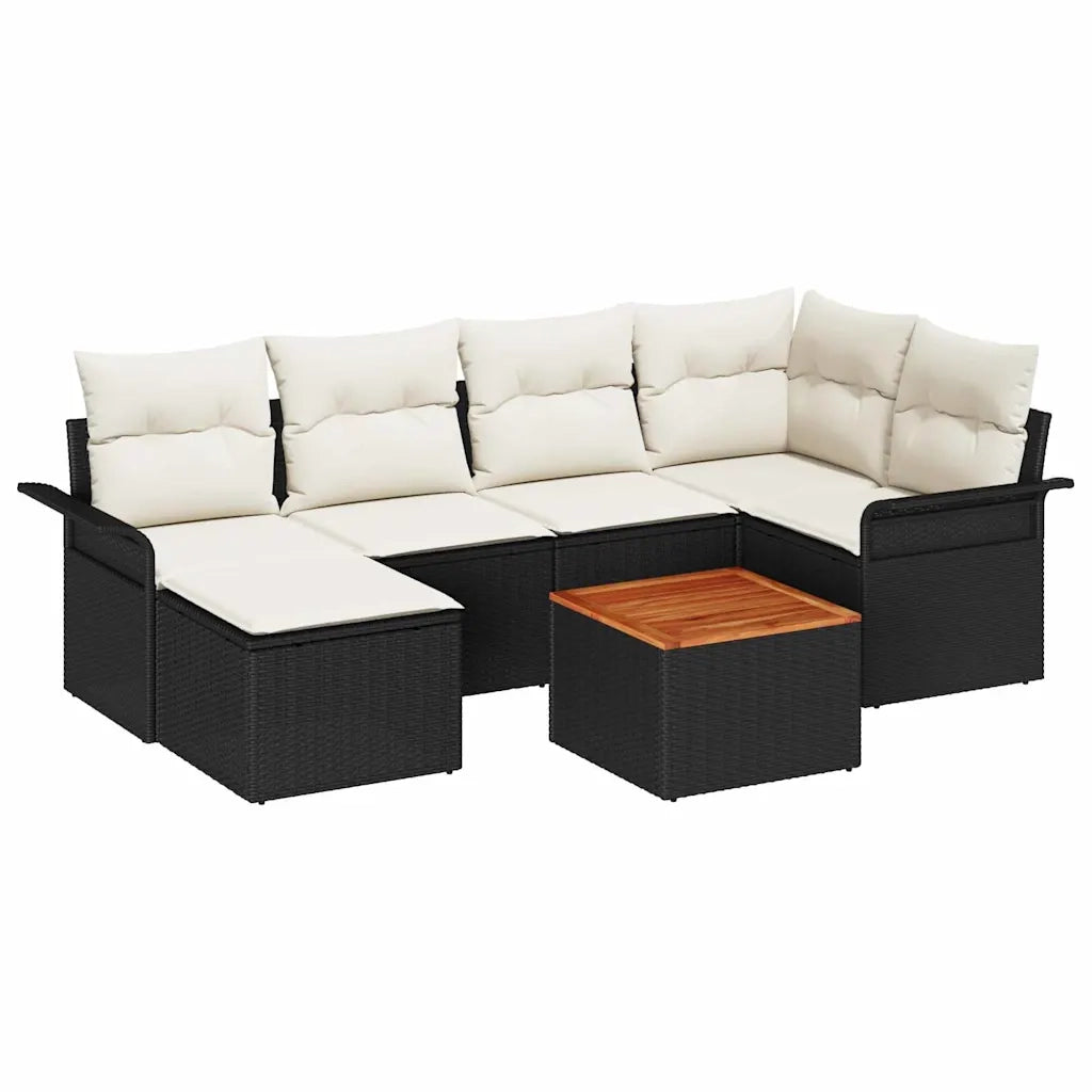 Set Divano da Giardino 7 pcs Nero e Crema polyrattan