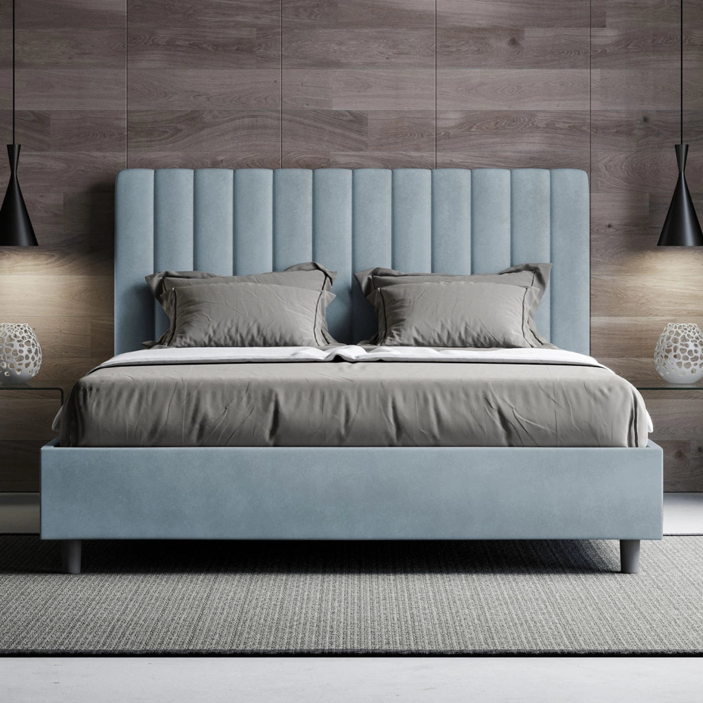 BS COM Letto una piazza e mezza con rete imbottito 130x210 microfibra azzurro