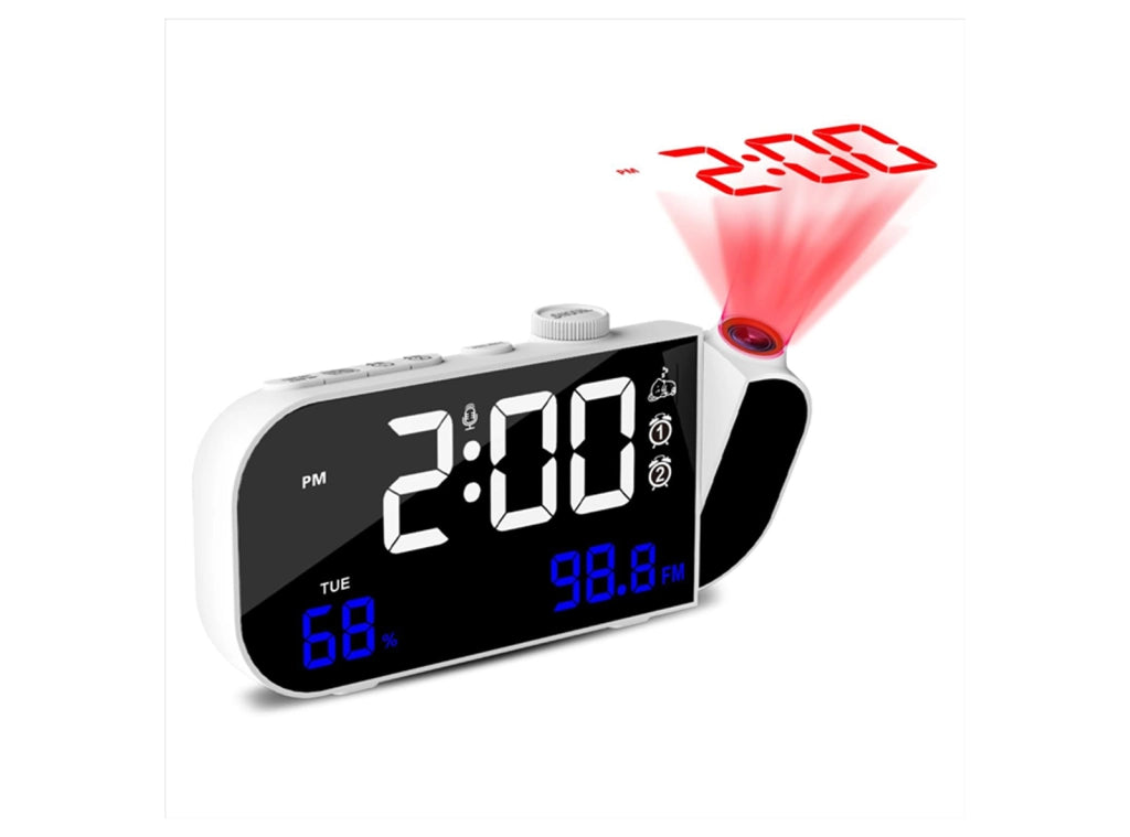 Sveglia Digitale con Proiettore Schermo Numeri Grandi Doppia Snooze Temperatura Umidità Luminosità Regolazione Volume Porta USB C Bianca