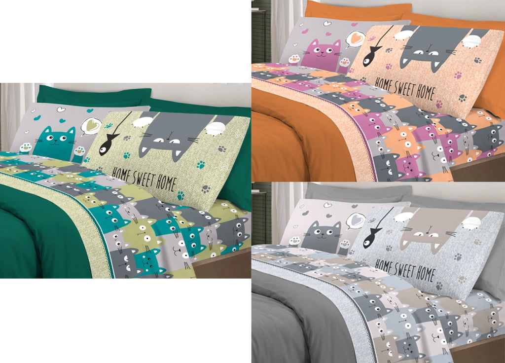 Completo Lenzuola Letto Pensieri Delicati 100% Cotone Disegno Happy Cat - Singolo - Arancio
