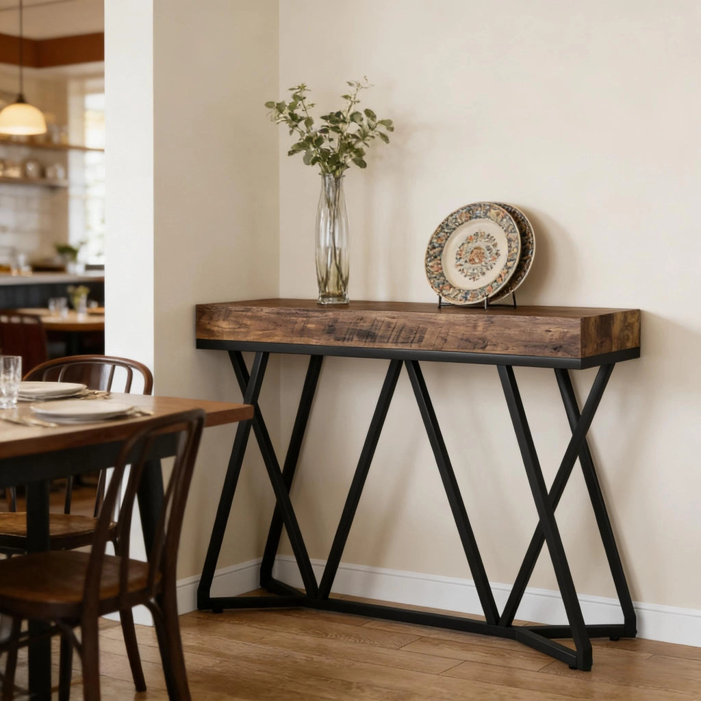 TAVOLO Consolle 140 cm MDF e Metallo Nero Marrone Rustico