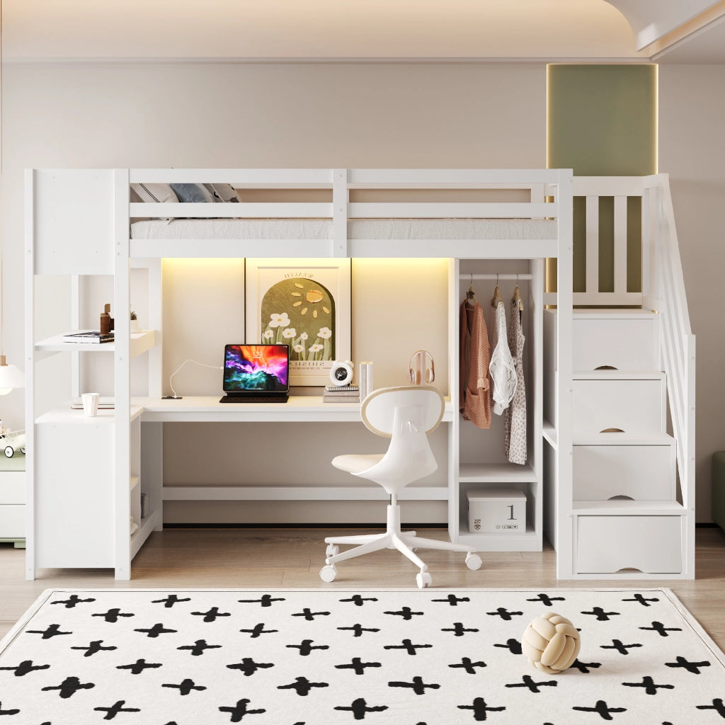 Letto a Soppalco con Scrivania e Armadio ¨C MINIMAL ¨C Legno Bianco, LED, 90x200