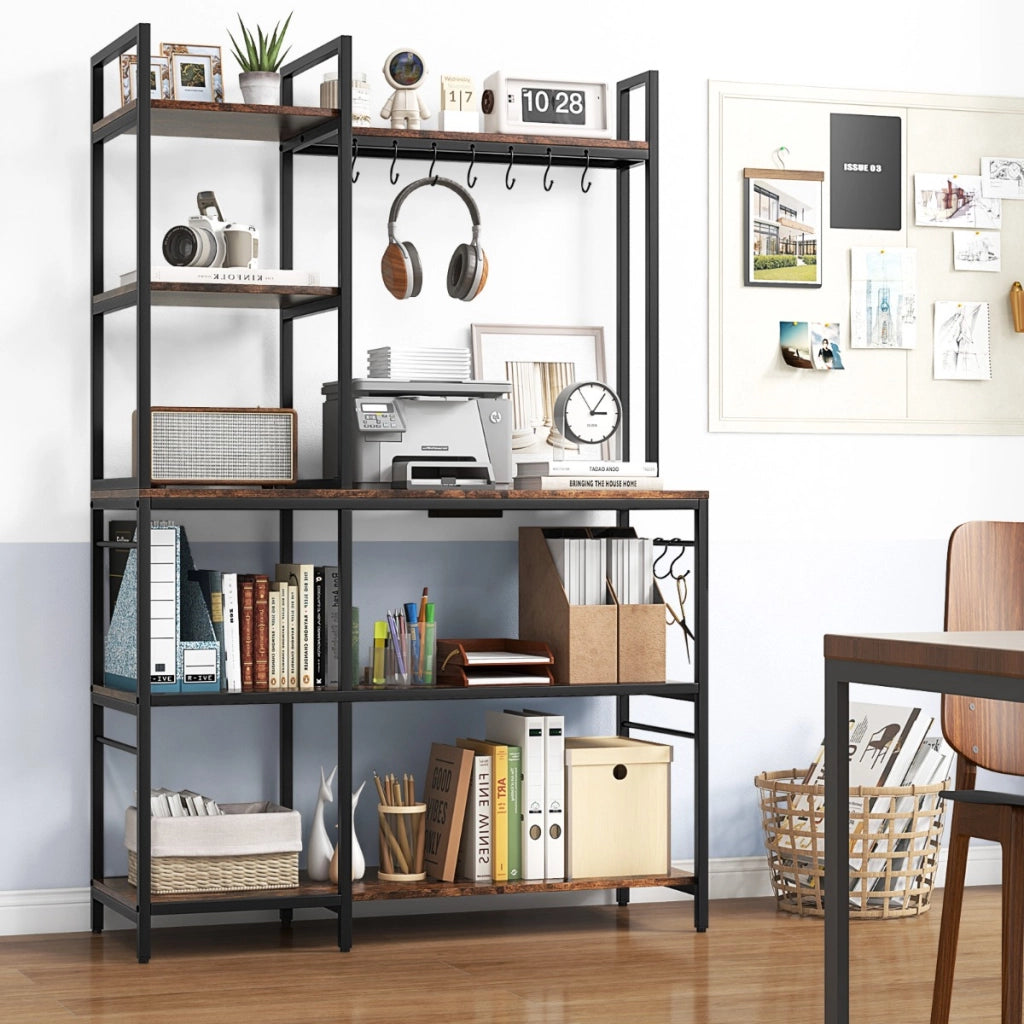 Scaffale da cucina con prese di corrente, Tavolo bar con 5 ripiani e 10 ganci a forma di S Marrone rustico