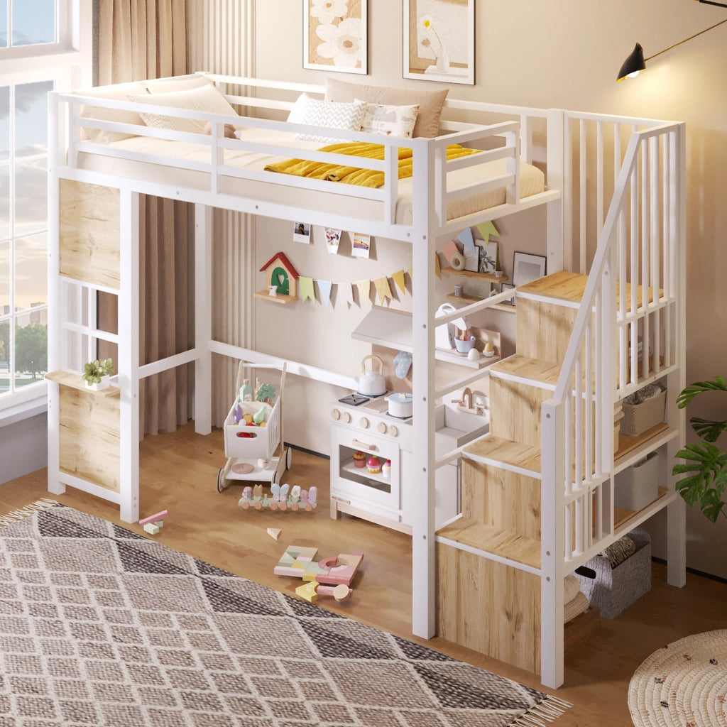 LETTO a soppalco 90x200 cm in metallo e MDF bianco con scala contenitore