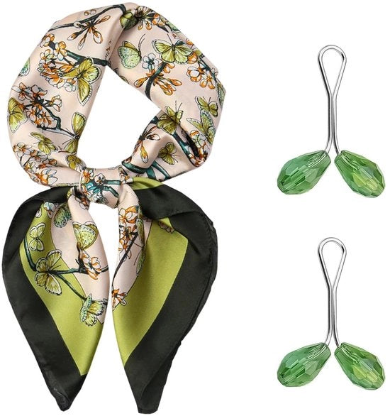 Scialle di seta con farfalle floreali e 2 cristalli, collo verde