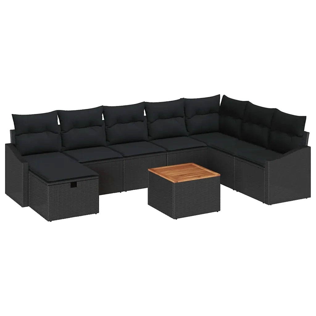 Set Divano da Giardino con cuscino 9 pcs Nero polyrattan