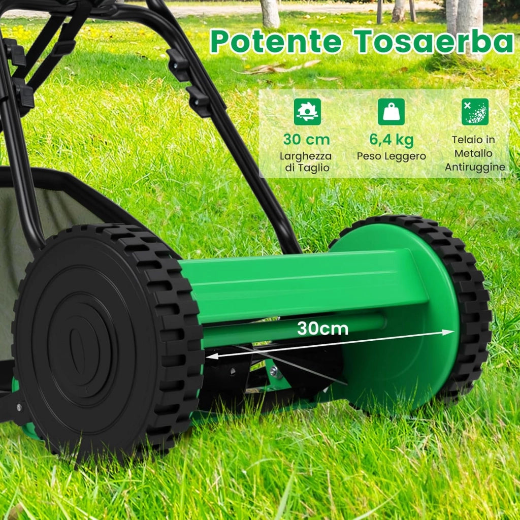 Tagliaerba a Spinta, Tosaerba Manuale con Larghezza di Taglio di 30 cm, Raccoglitore da 18,5 L & Altezza di Taglio Regolabile 15-40 mm, 2 Ruote Antiscivolo, per Giardino (Verde)
