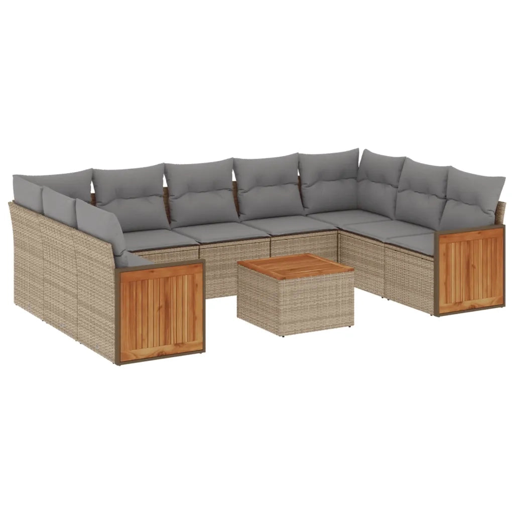 Set Divano da Giardino 10 pz con Cuscini Beige in Polyrattan