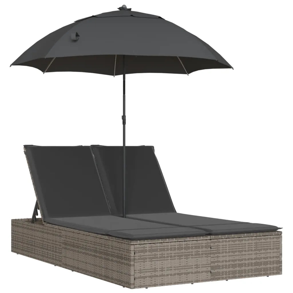 Lettino Prendisole | Sdraio da giardino | Lettino da sole Doppio Cuscini e Parasole Grigio Polyrattan