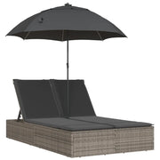 Lettino Prendisole | Sdraio da giardino | Lettino da sole Doppio Cuscini e Parasole Grigio Polyrattan