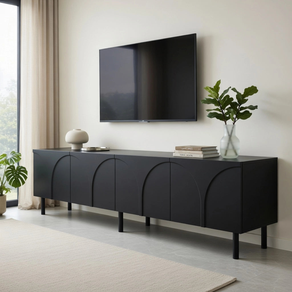 Cassettiera TV nera in MDF e truciolare lunghezza 180 cm