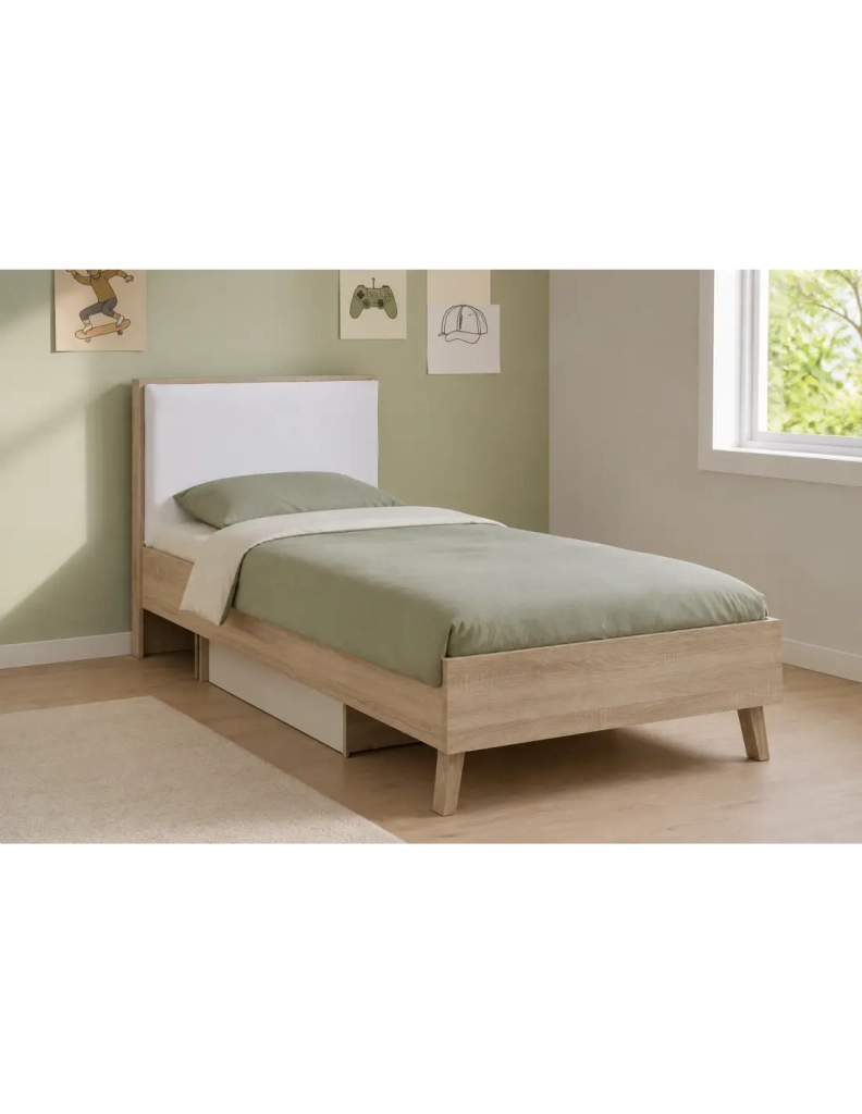 Set camera da letto bambino MALMO con letto 90x200 e comodino - Rovere chiaro e bianco