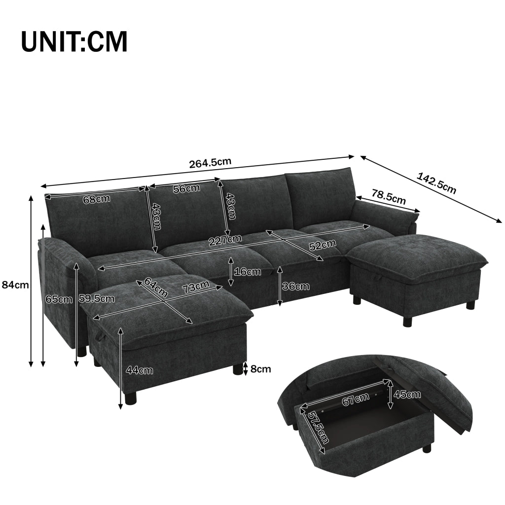 DIVANO modulare a U 264,5x142,5x84 cm in ciniglia nera con 2 pouf