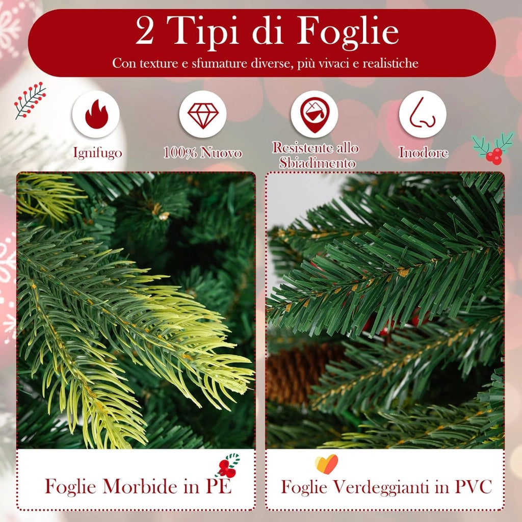 Albero di Natale Artificiale 150/180 cm, con 250/370 Luci RGB Multicolori Controllabili tramite APP, 584/1054 Rami in PE & PVC, 23/41 Pigne e 23/41 Bacche Rosse e Controllo Remoto (180 cm)