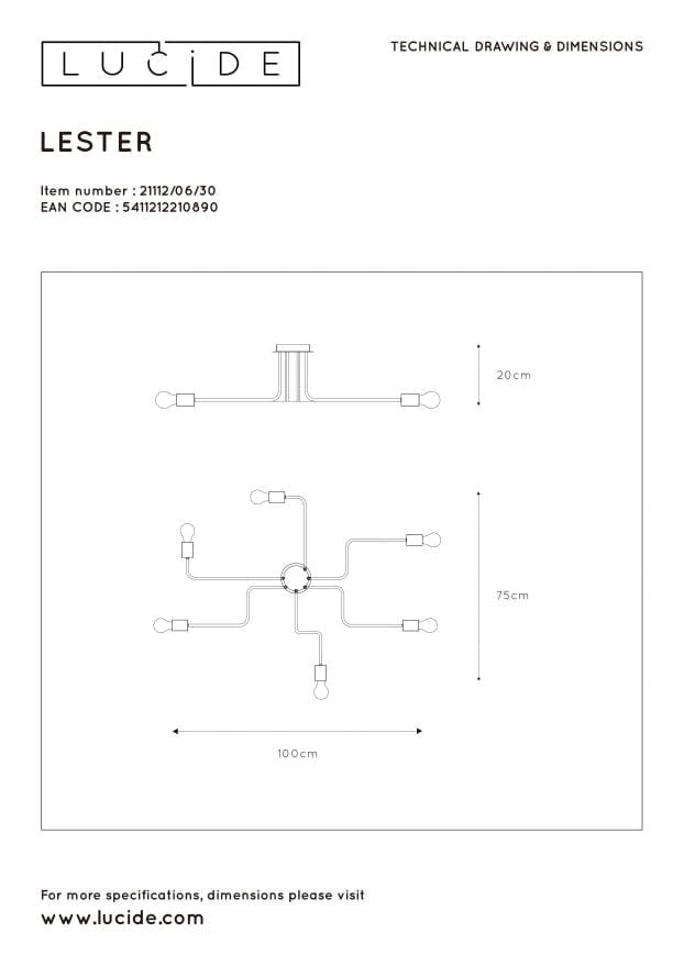 Lampadario Lucide Lester 6 Luci E27 Nero Dimmerabile