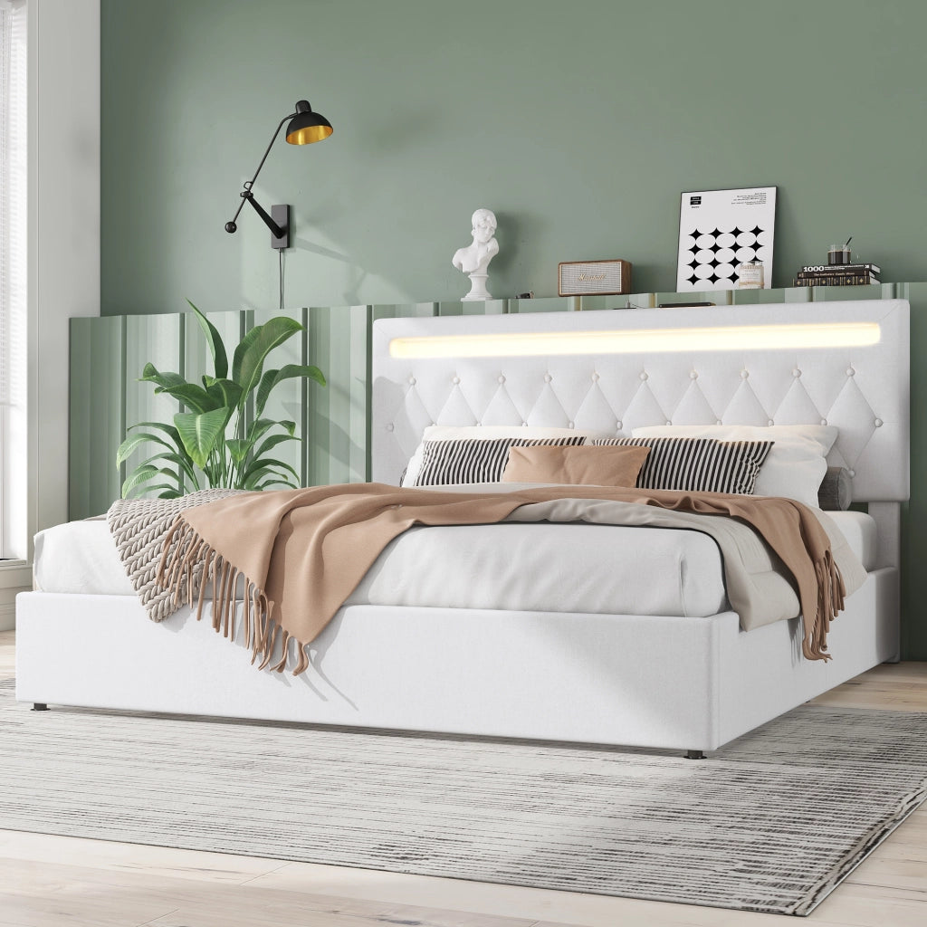 OKWISH Letto Contenitore 180×200 cm, Letto Matrimoniale con Contenitore, USB, USB-C e LED Regolabile, senza Materasso, Lino, Bianco