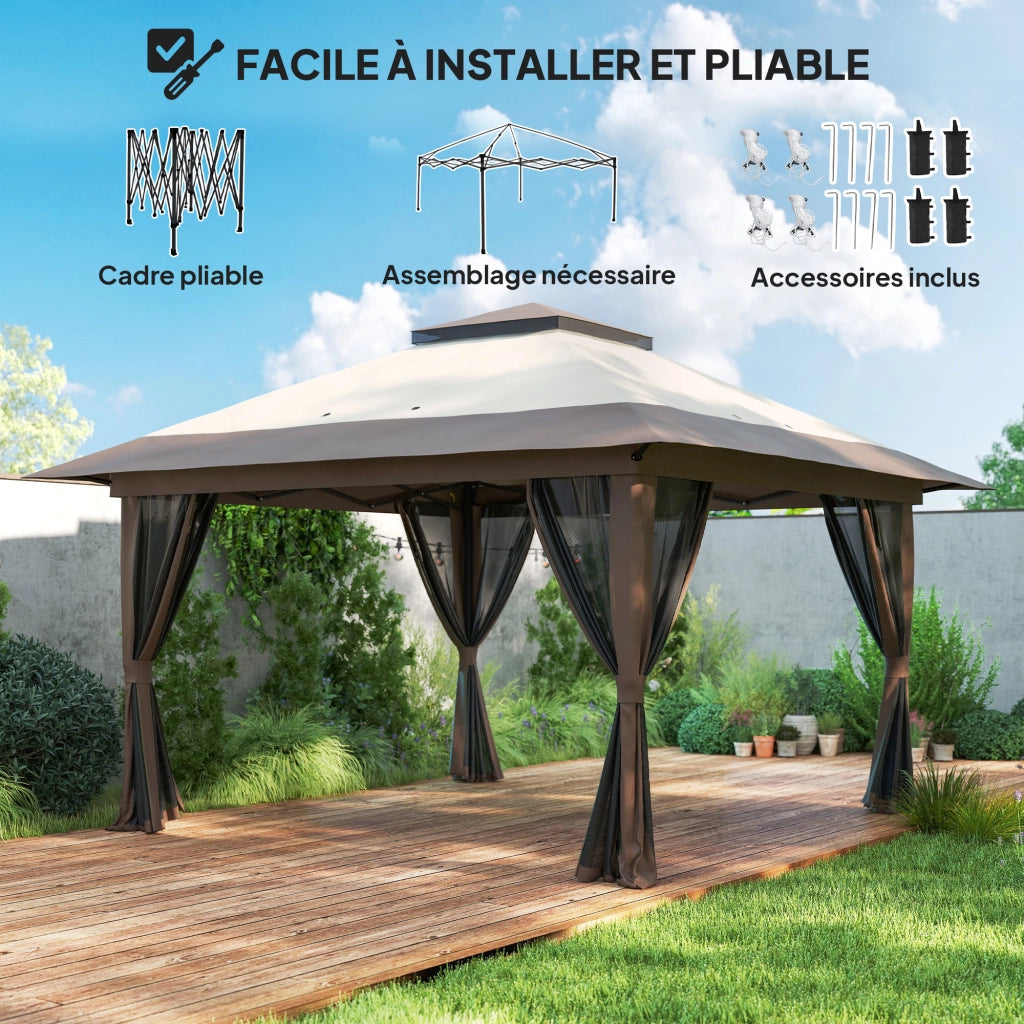Gazebo pieghevole pop-up con zanzariere 4x4m ¨C Xylo ¨C beige doppio tetto protezione UV50+
