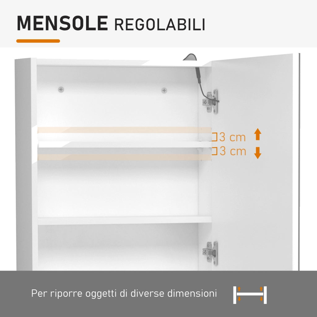 Pensile da Bagno con Specchio e LED ¨C Xylo ¨C 1 Anta, 2 Ripiani, MDF Bianco 60x50x15cm