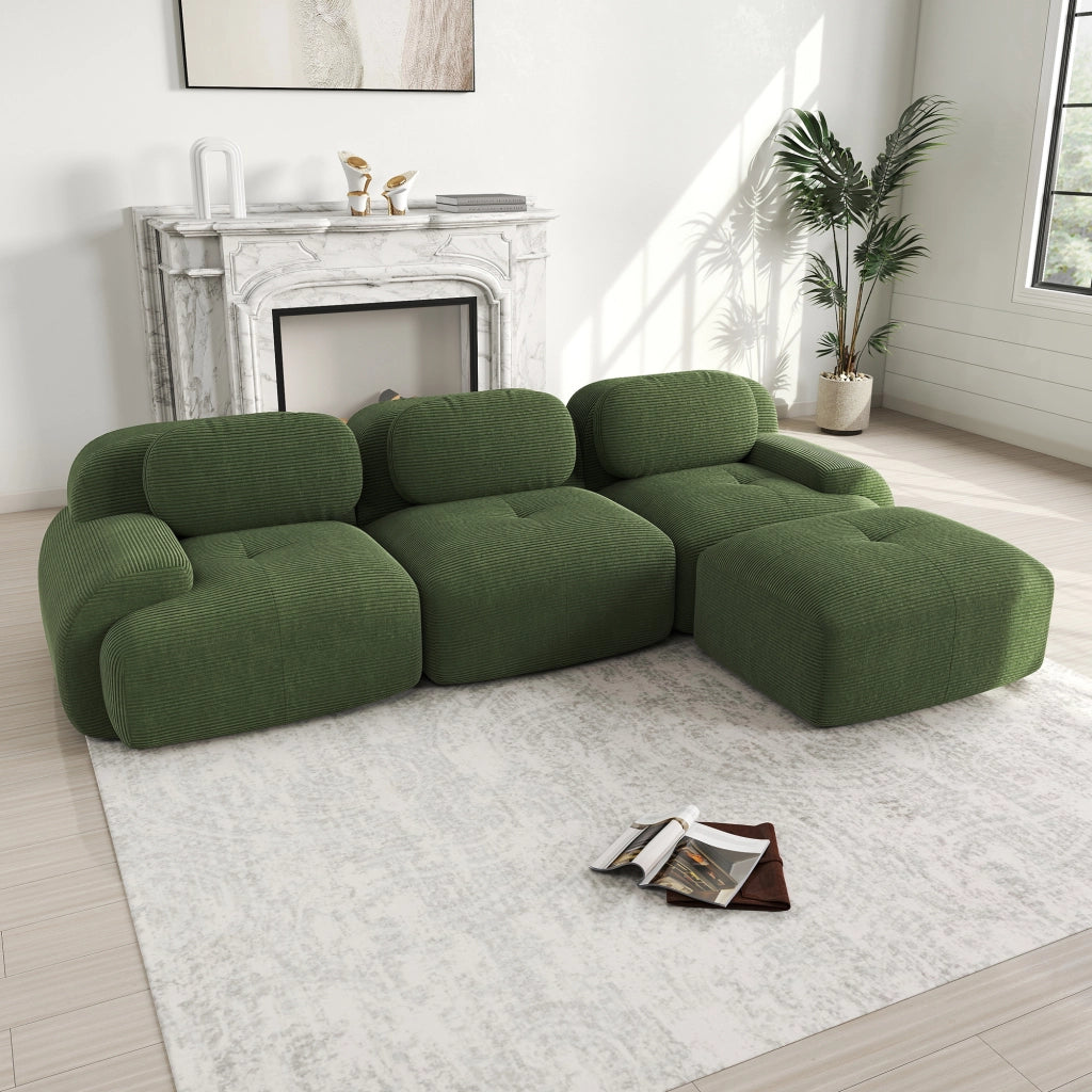 Divano Angolare Modulare ¨C MINIMAL ¨C Verde, Tessuto a Coste, Braccioli Extra-Larghi