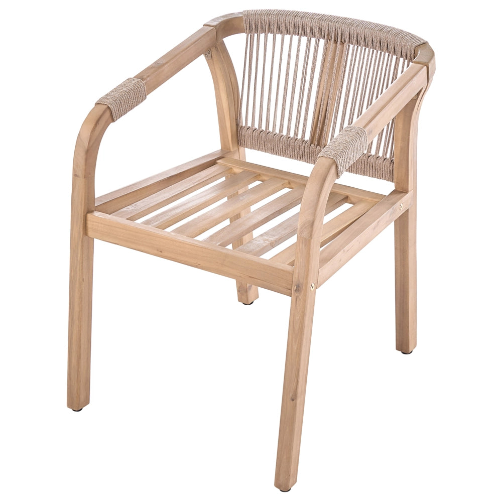 Sedia da giardino in legno di acacia chiaro con cuscini beige chiaro e braccioli, stile rustico moderno