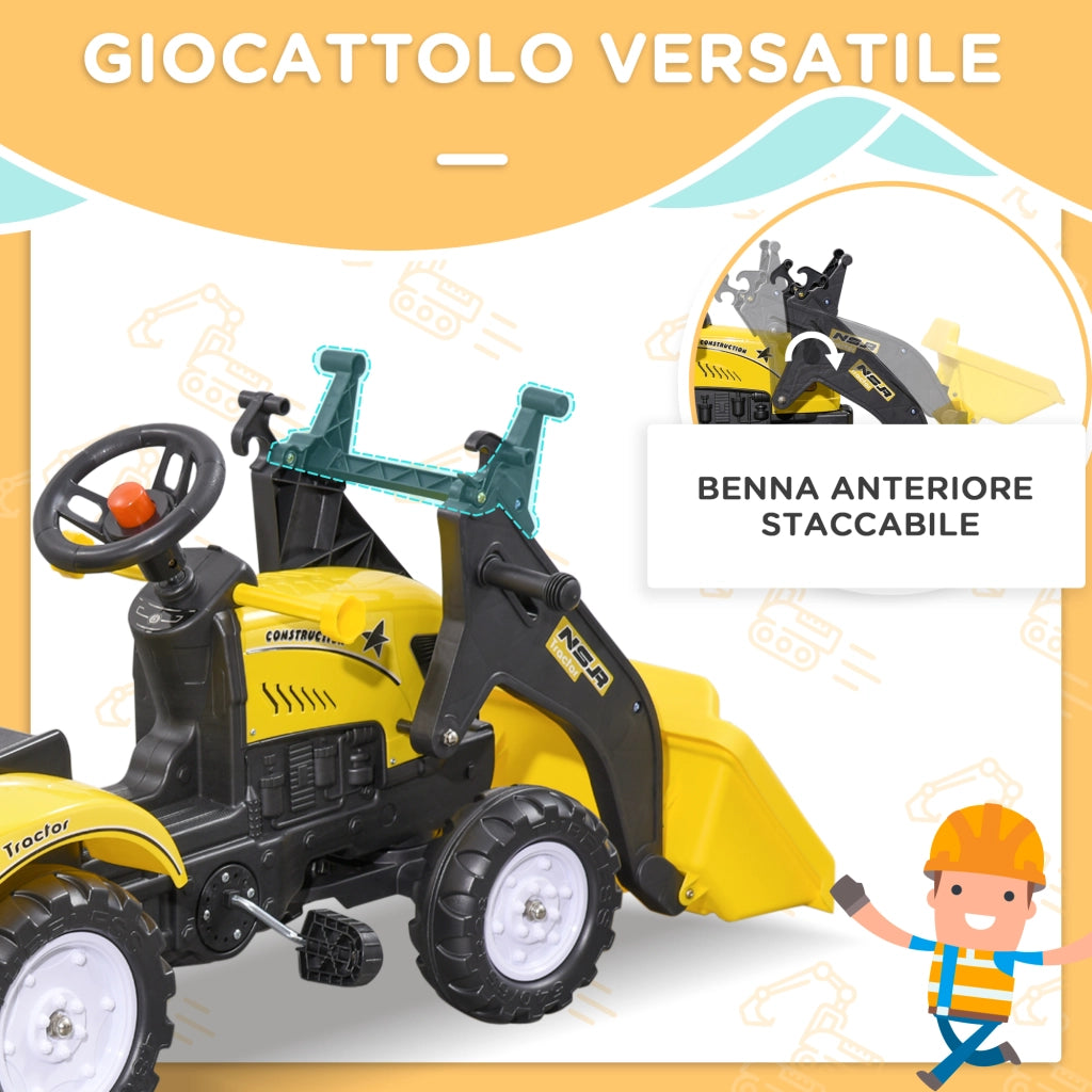Escavatore a Pedali per Bambini da 3 Anni con Ruspa Frontale, Rimorchio e 6 Ruote, Giallo