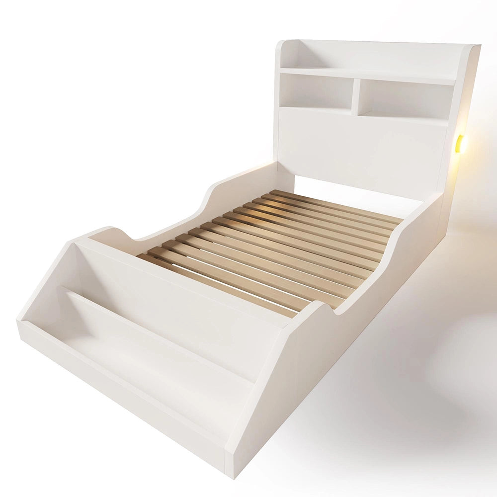Letto legno-Xylo-90x200cm ripiani luci biblioteca bianco senza materasso