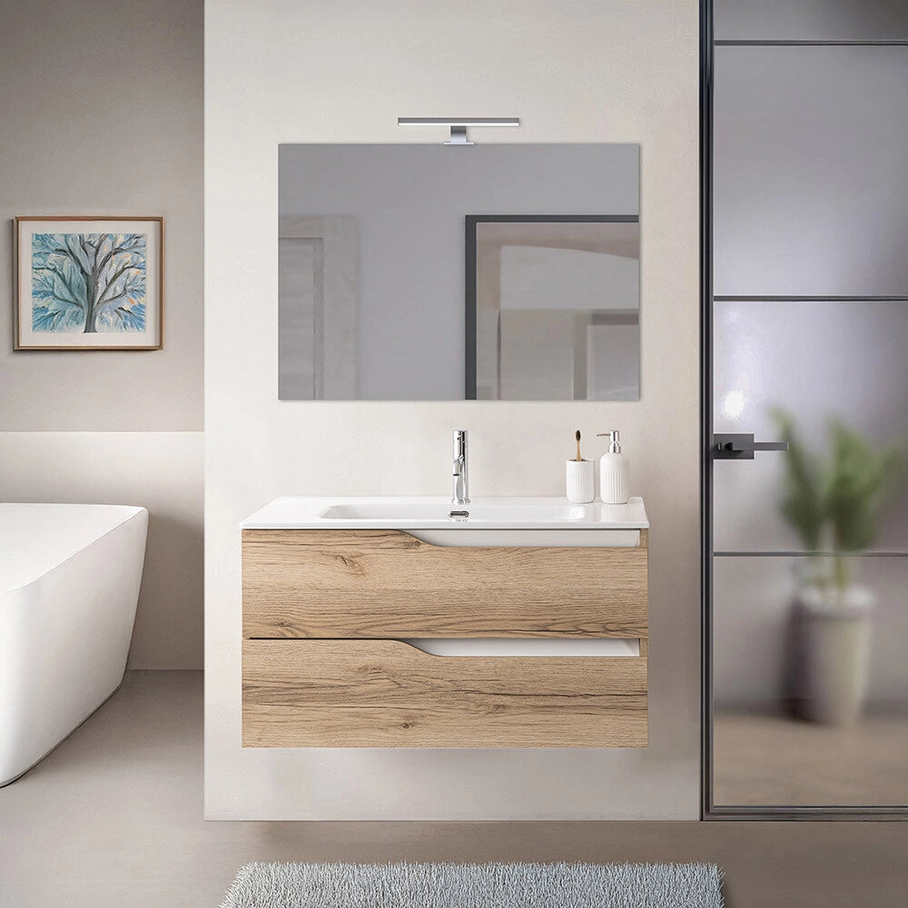 Mobile bagno sospeso 100cm quercia e bianco con lavabo Sumya
