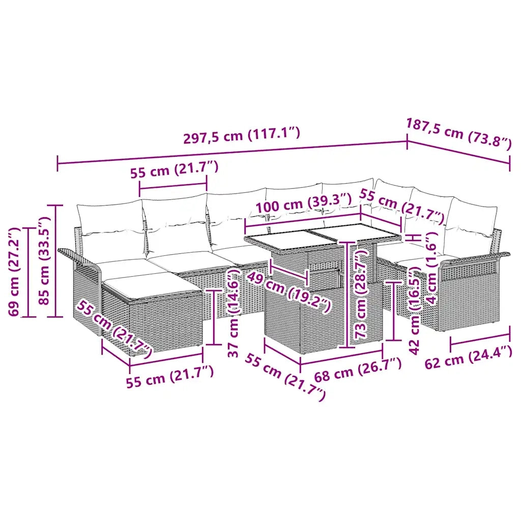 Set Divano da Giardino con cuscino 9 pcs Grigio chiaro