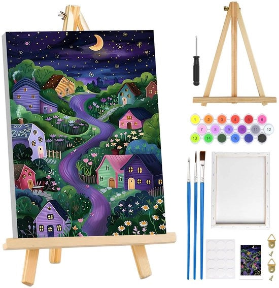 Kit di pittura per adulti e bambini con cavalletto, paesaggio da dipingere con asino, set di arte fai da te per adulti, tempo libero creativo, per decorazione, 20 pezzi