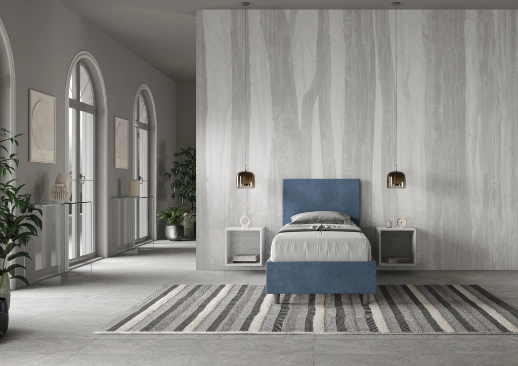 BS COM Letto singolo contenitore imbottito 90x190 microfibra blu