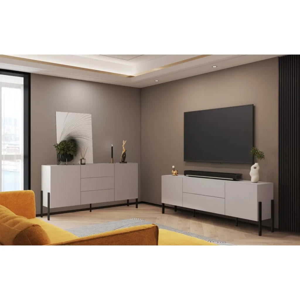 Mobile TV SALMA – 2 porte & 2 cassetti Push-to-Open – beige & nero opaco, 207×70×40 cm
