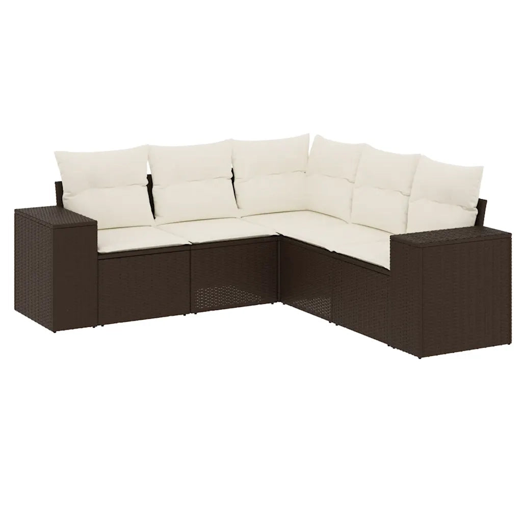 Set Divano da Giardino 5 pz | Set Salotto da Giardino con Cuscini Marrone in Polyrattan