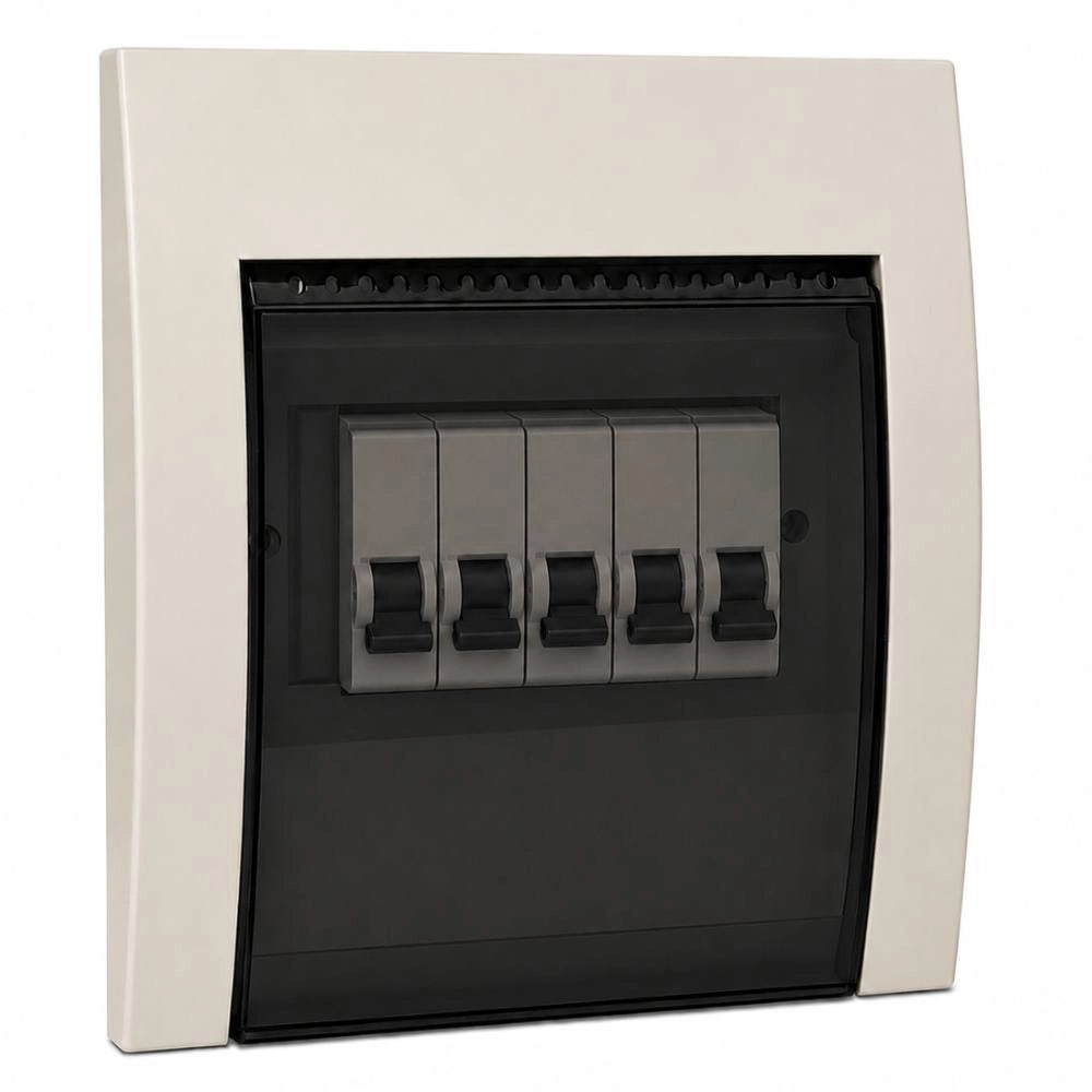 Coperchio ip40 con portello fumé per scatole da incasso 5 moduli din