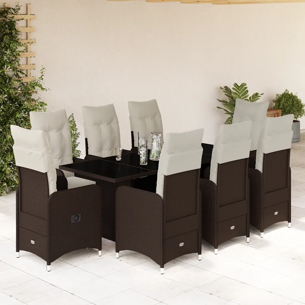 Set Bistrò da Giardino 9 pz con Cuscini in Polyrattan Marrone 3277074