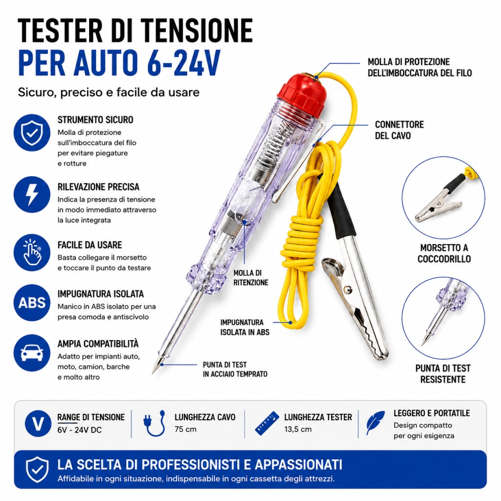 Tester Tensione Auto Moto Camion 6V 12V 24V Sonda Elettrica Con Lampada 54907