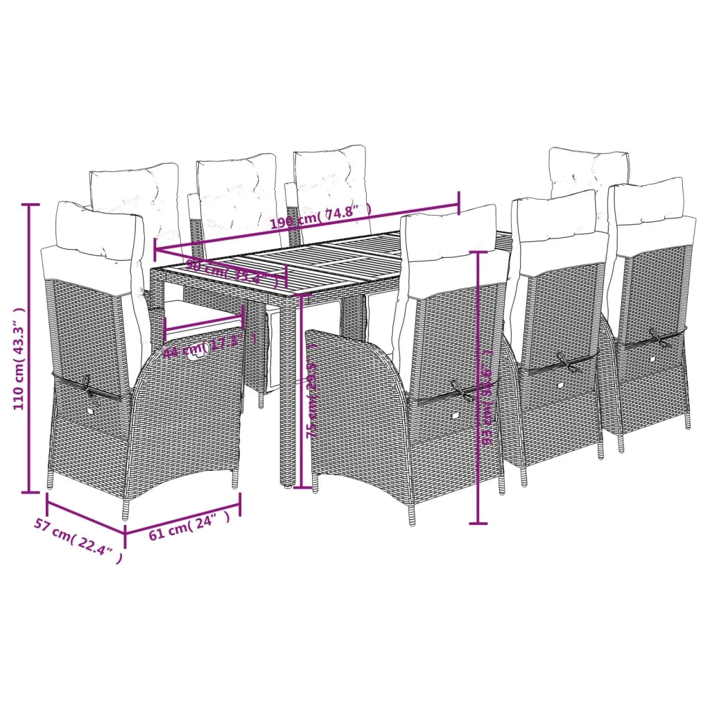 Set da Pranzo da Giardino 9 pz con Cuscini Nero in Polyrattan 3213101