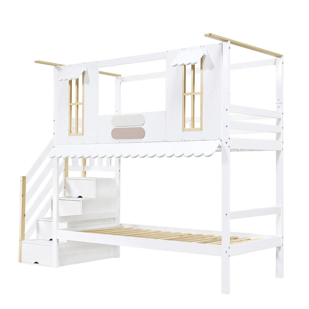 Letto a castello decorabile - Xylo - 90x200cm bianco/naturale, finestre