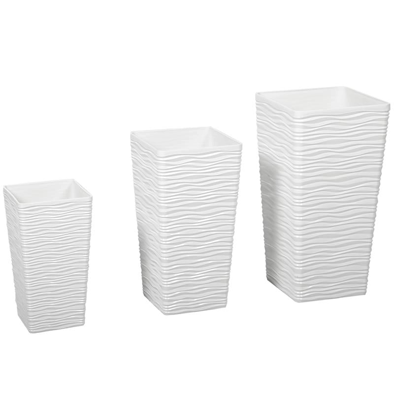 SET 3 VASI DA ESTERNO IMPILABILI CON MOTIVO ONDULATO IN PLASTICA, 42/55/65 CM, BIANCO