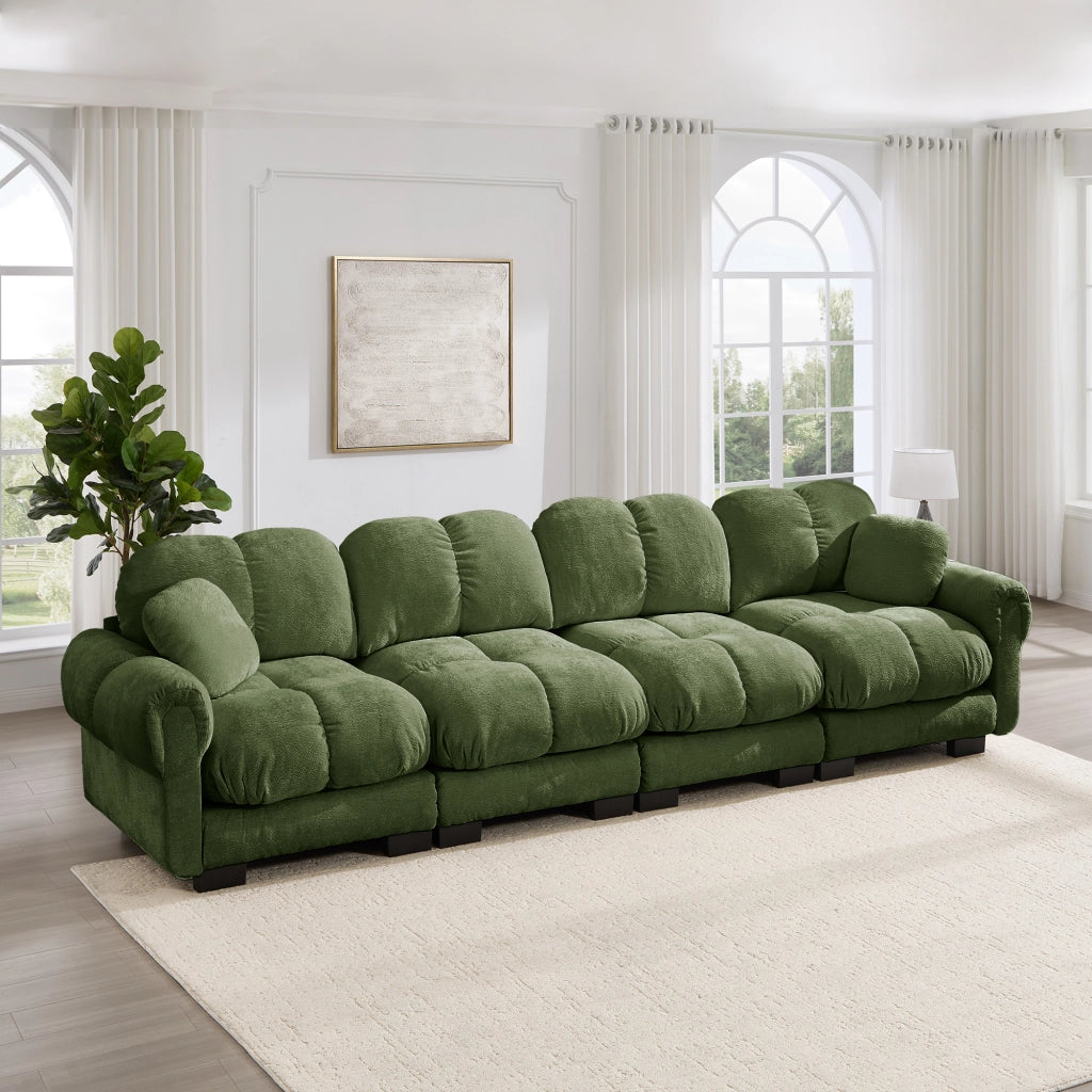 Divano modulare con cuscini trapuntati e cuscino piccolo, in Chenille, Verde 330 × 86 × 90 cm