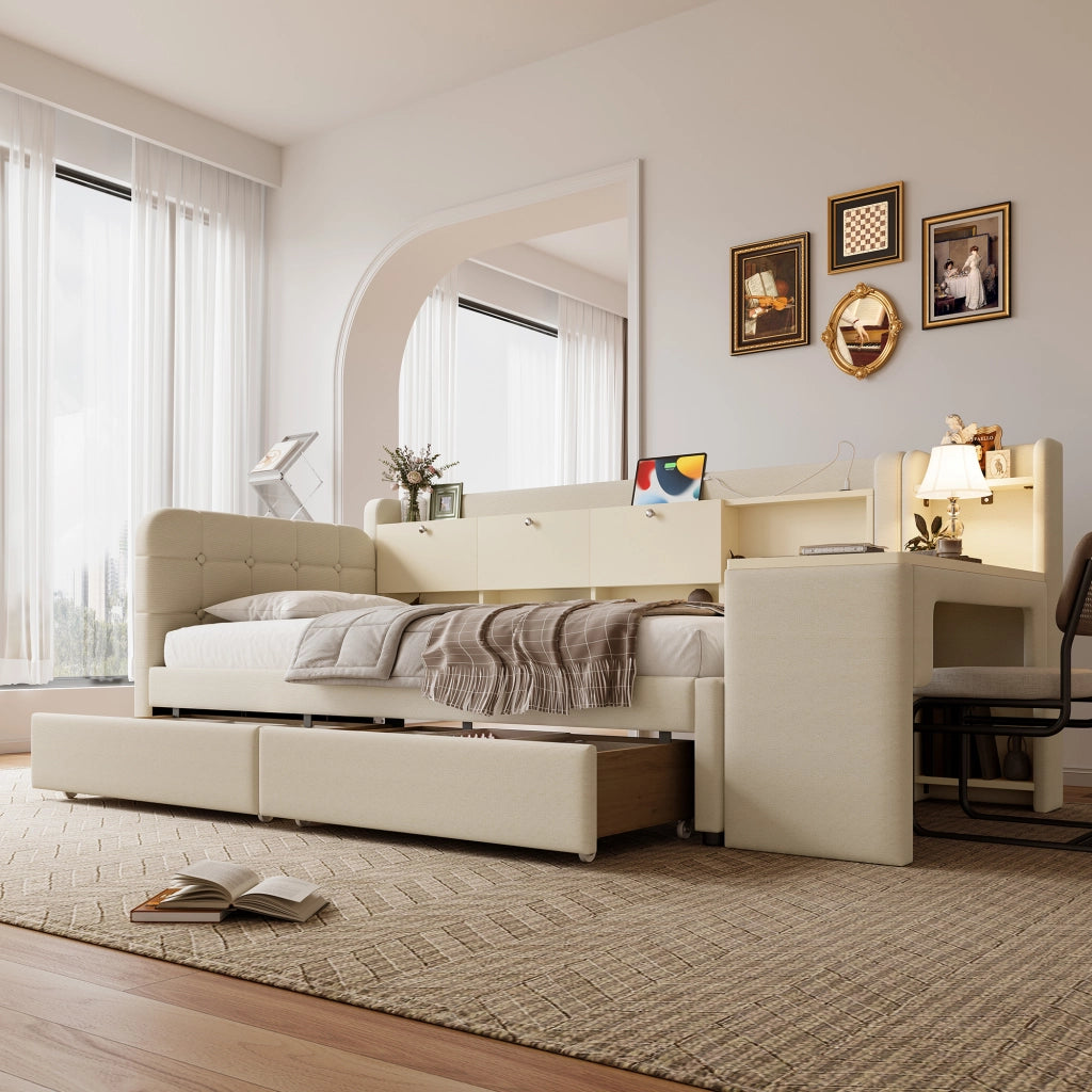LETTO 90x200 cm in lino beige con 2 cassetti, scrivania, USB e Tipo C