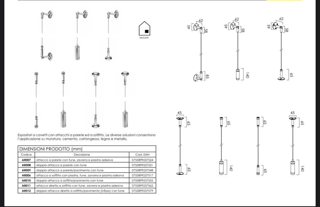 Attacchi a soffitto per espositori a Cavetto - AR030 Doppio diretto soffitto/pavimento